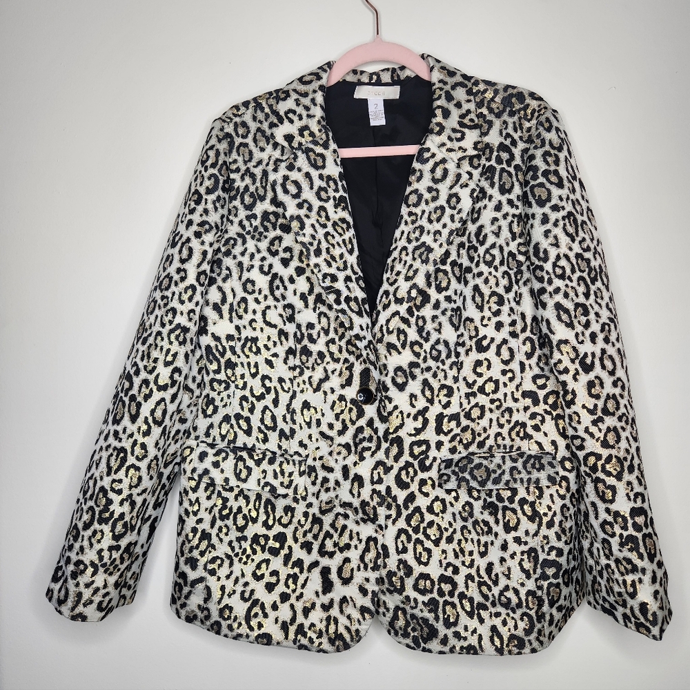 Chicos Metallic Leopard Print‎ Cream And Black Blazer Size 2 Large